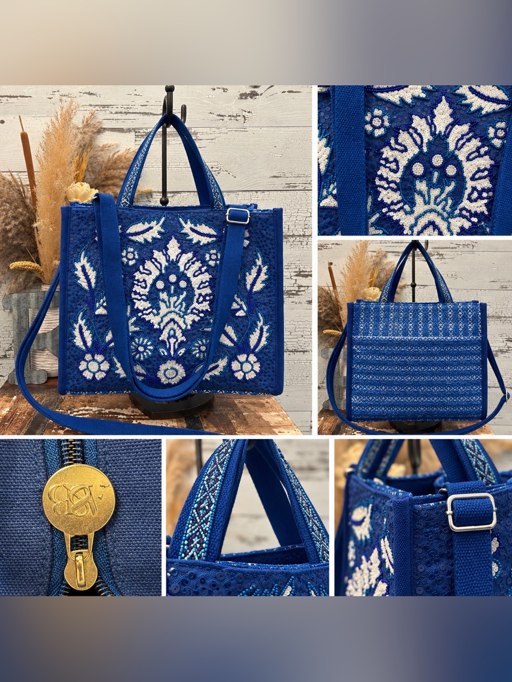 America & Beyond Sequins Blue Embroidered Tote with Contrast White Floral Design
